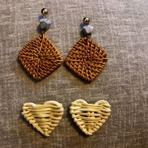2 Pairs of Rattan Woven Bohemian Earrings Handmade